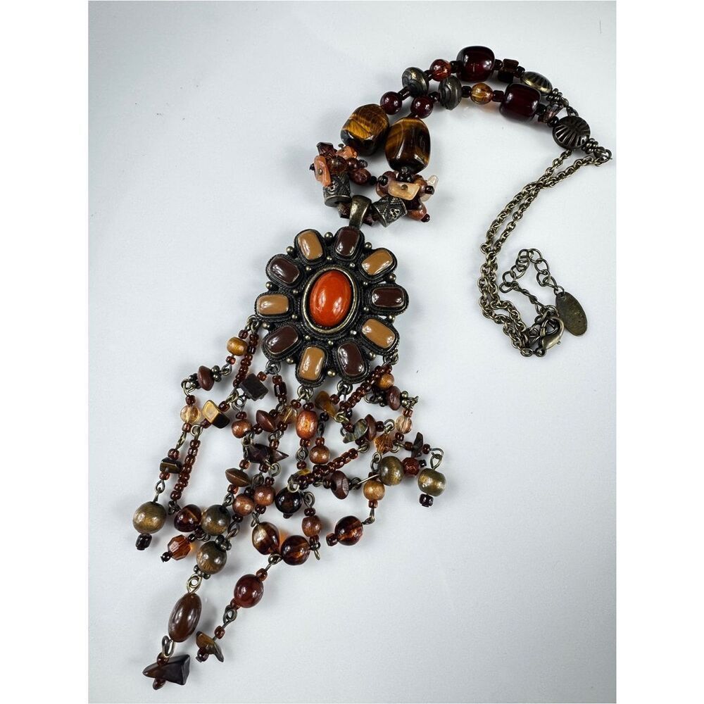 Rare Bohemian Orange and Brown Tigers Eye Pendant Necklace - Picture 2 of 13